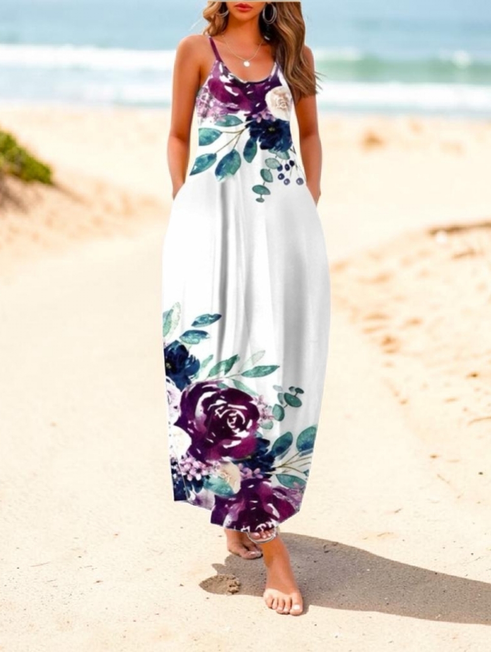 Wolddress Sleeveless Floral Boho Maxi Dress w/ Side Pockets - Large ~ EUC